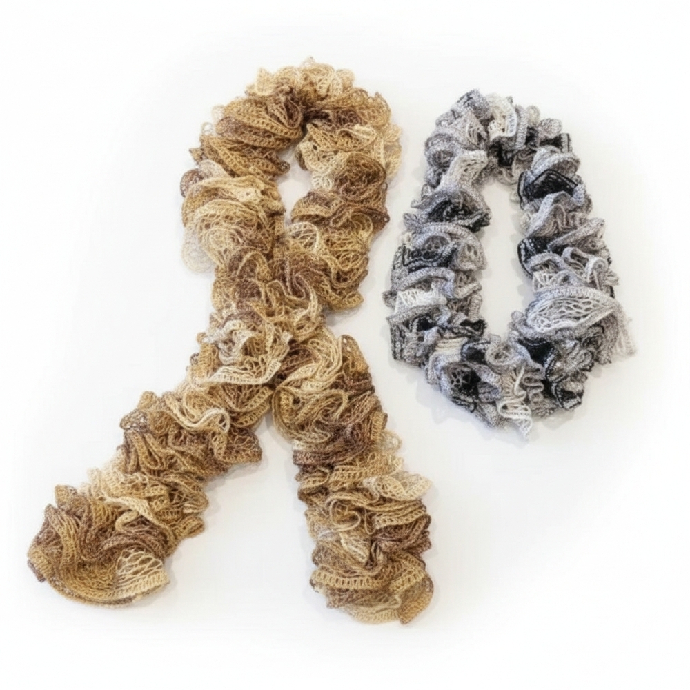 2pc Set Ruffled Crochet Boa Scarves Metallic Sequin Infinity Loop Fall